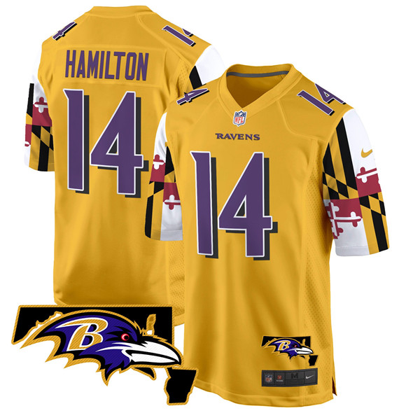 Men's Baltimore Ravens #14 Kyle Hamilton Gold 2025 Maryland Flag Vapor Limited Football Game Jersey Men's Baltimore Ravens #14 Kyle Hamilton Gold 2025 Maryland Flag Vapor Limited Football Game Jersey